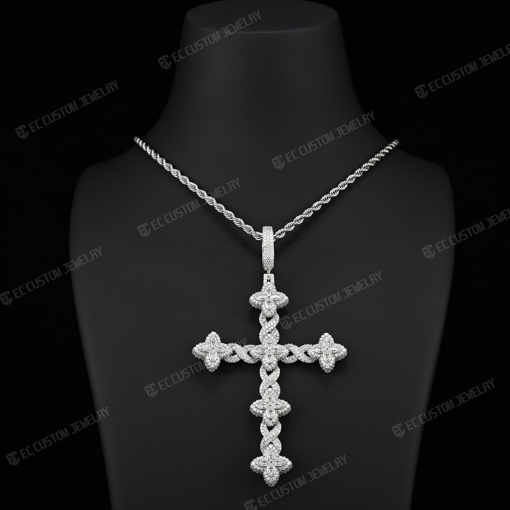 Iced Out Twisted Floral Cross Pendant Moissanite Cross