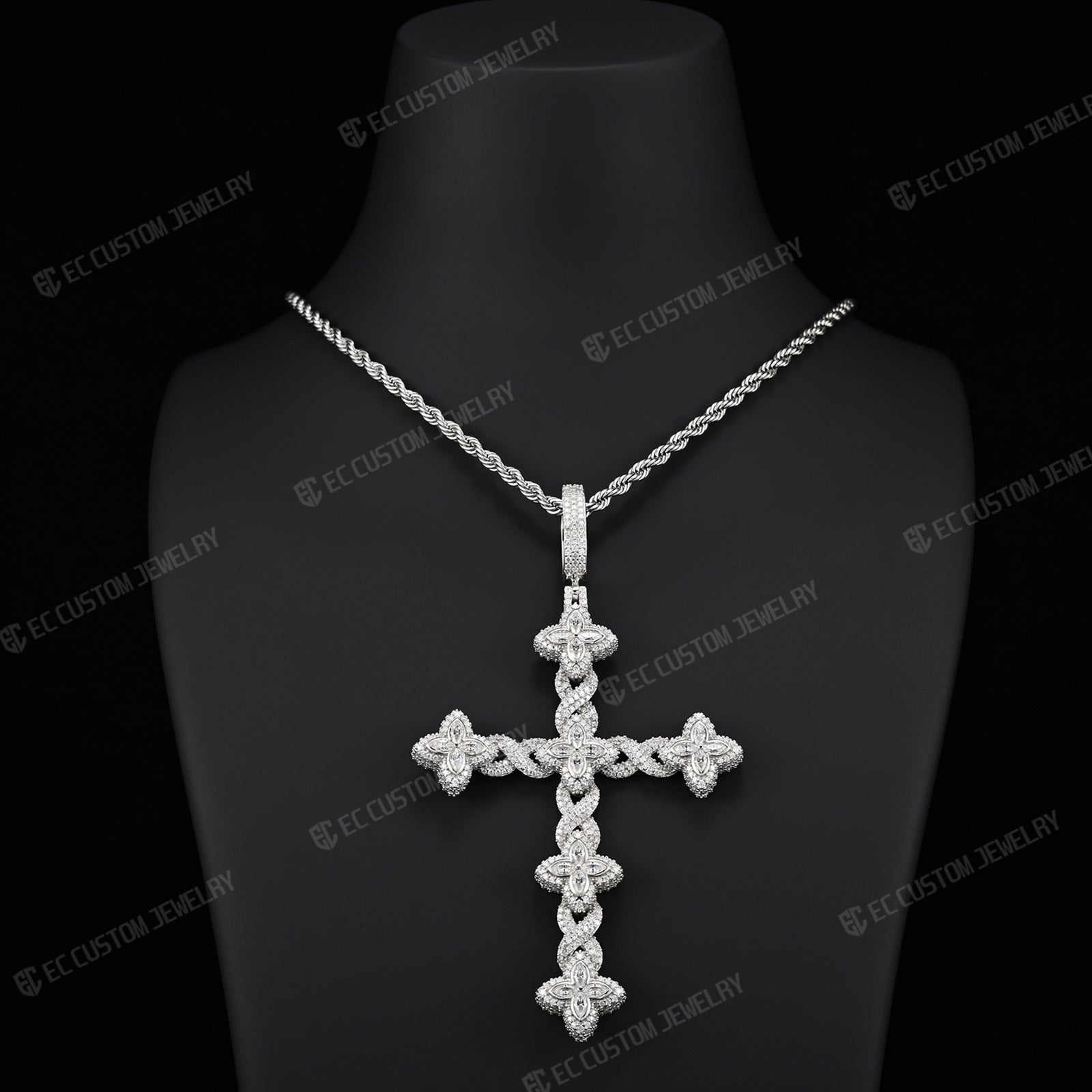 Iced Out Twisted Floral Cross Pendant Moissanite Cross