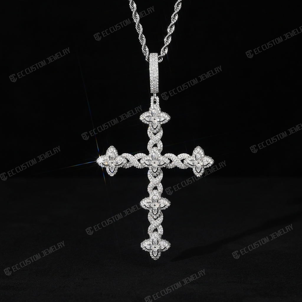 Iced Out Twisted Floral Cross Pendant Moissanite Cross