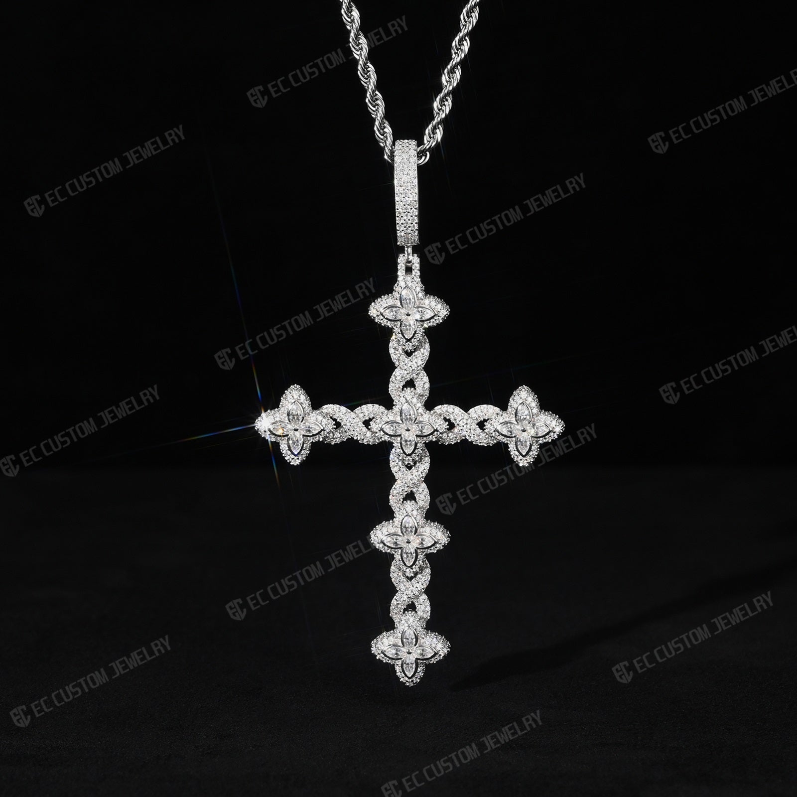 Iced Out Twisted Floral Cross Pendant Moissanite Cross