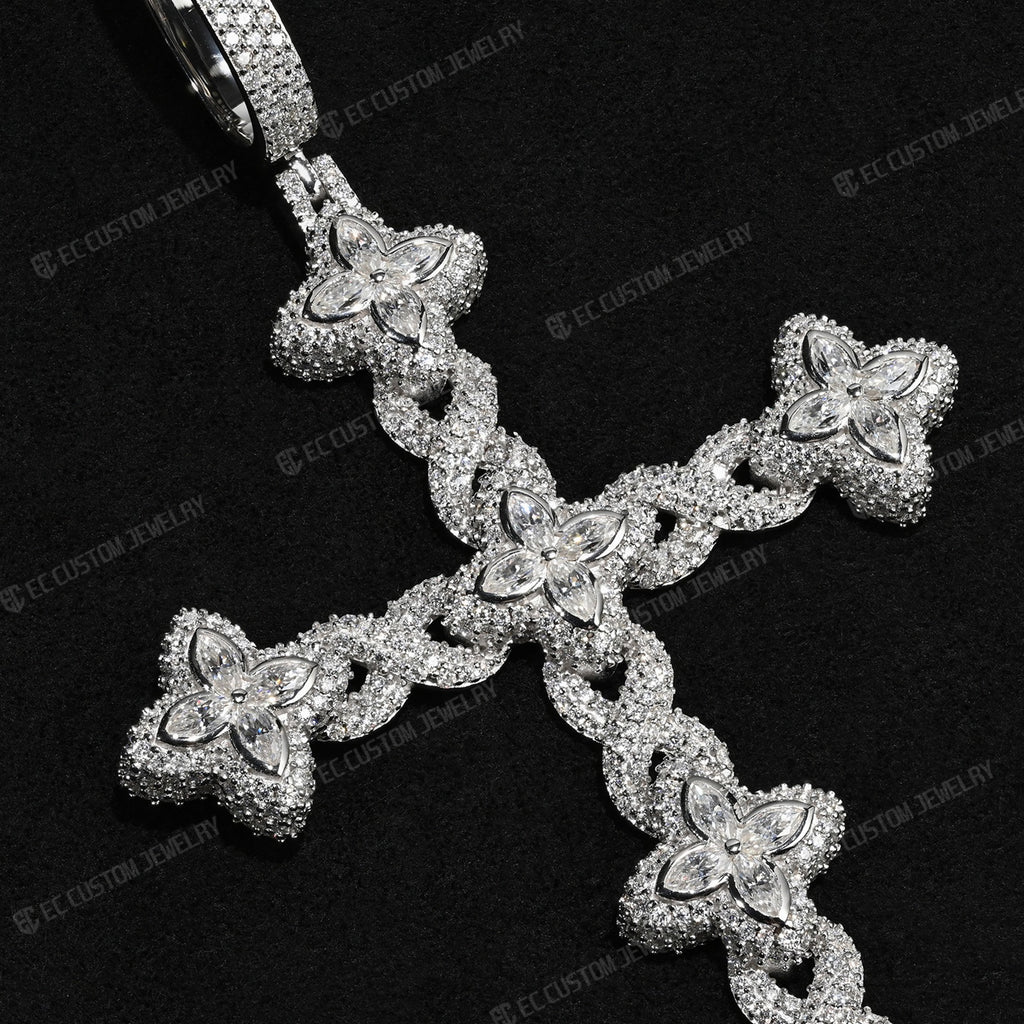 Iced Out Twisted Floral Cross Pendant Moissanite Cross