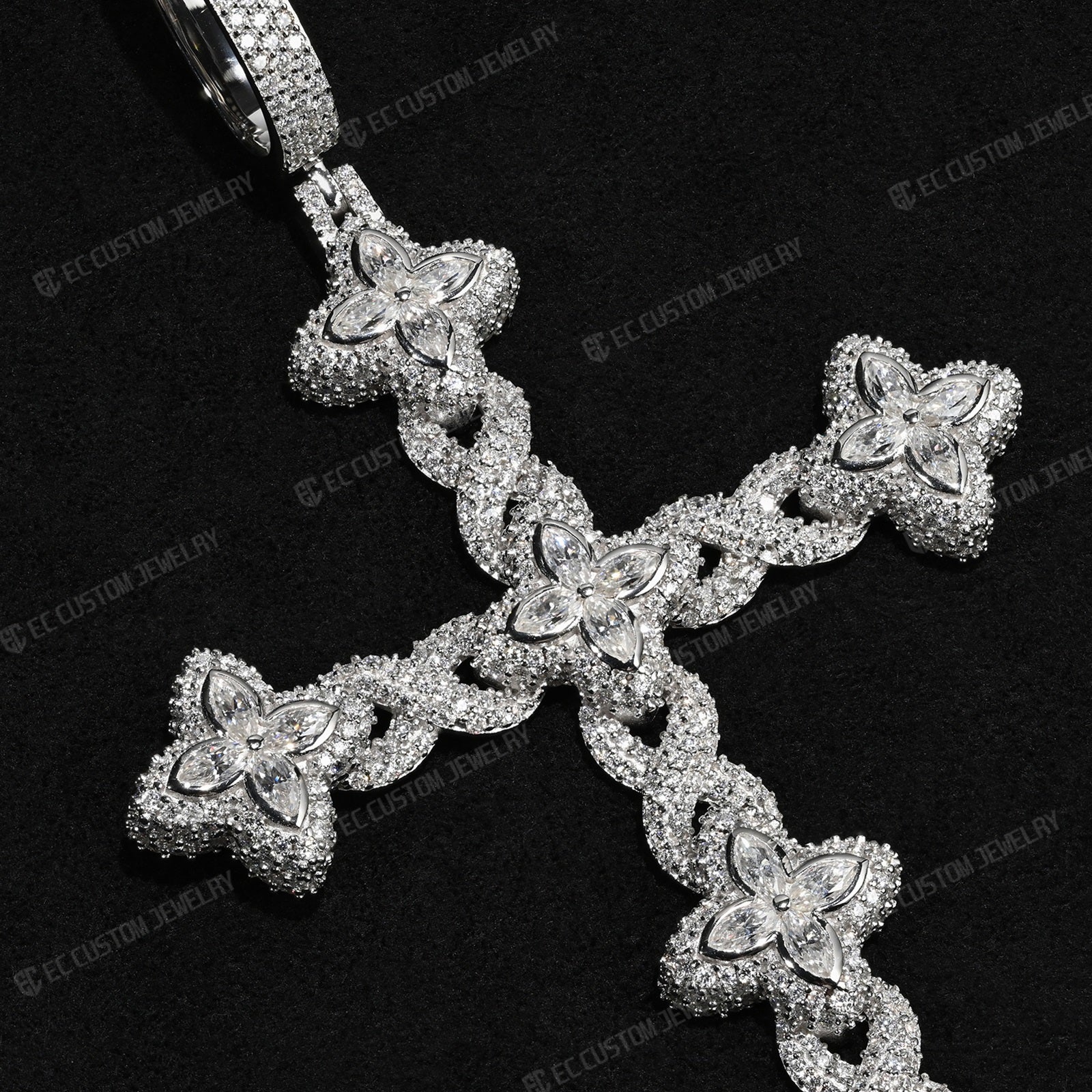 Iced Out Twisted Floral Cross Pendant Moissanite Cross