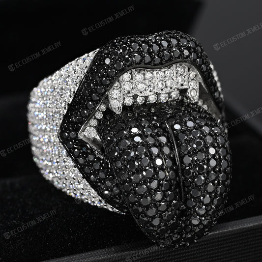 Iced Out Vampire Ring Hip Hop Tongue Ring Moissanite CZ 925 Silver