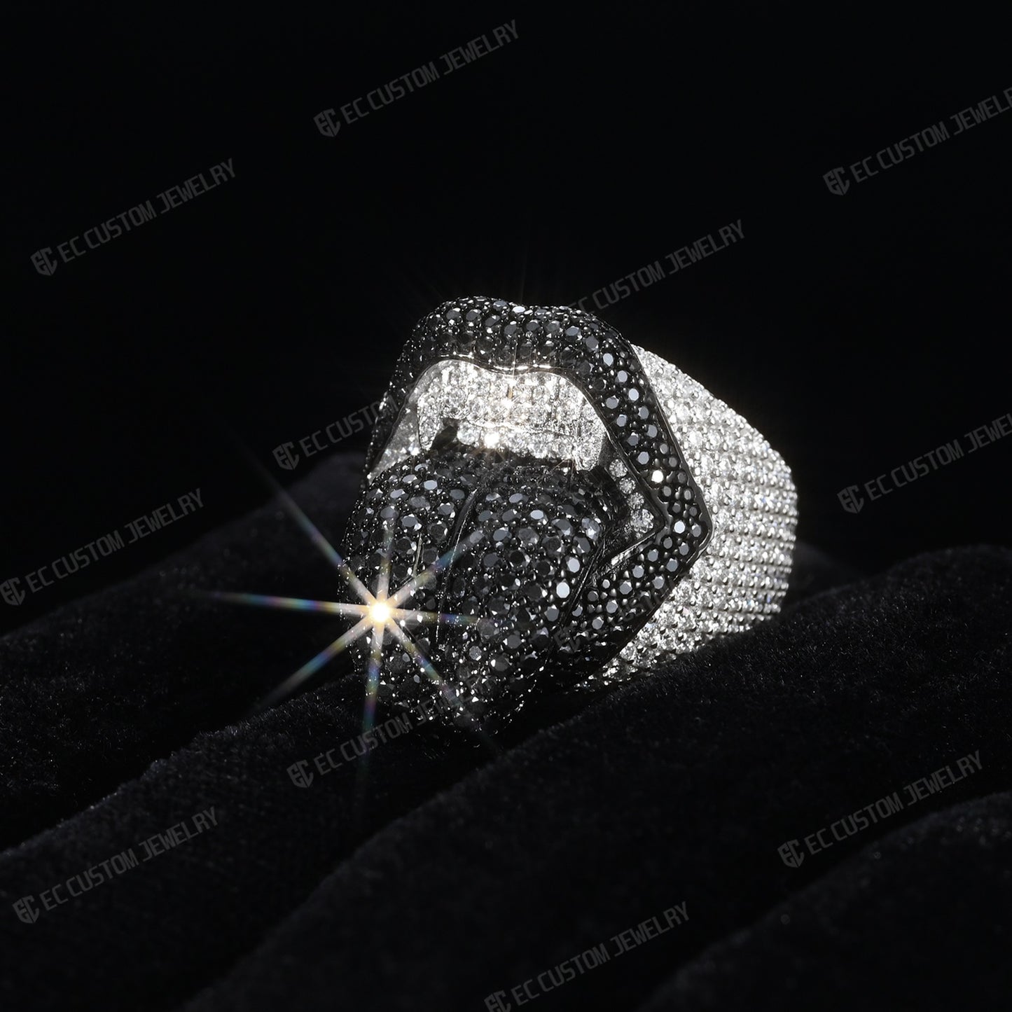 Iced Out Vampire Ring Hip Hop Tongue Ring Moissanite CZ 925 Silver