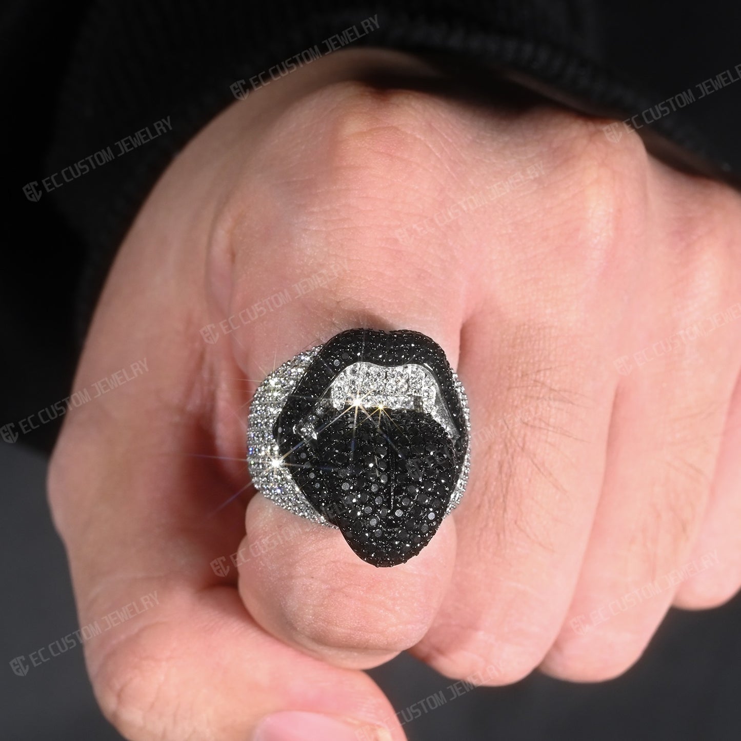 Iced Out Vampire Ring Hip Hop Tongue Ring Moissanite CZ 925 Silver