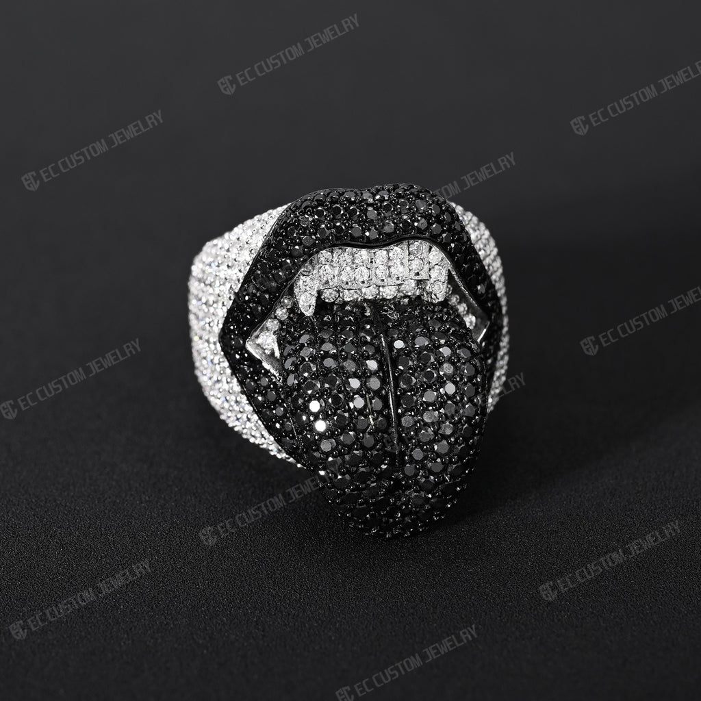 Iced Out Vampire Ring Hip Hop Tongue Ring Moissanite CZ 925 Silver