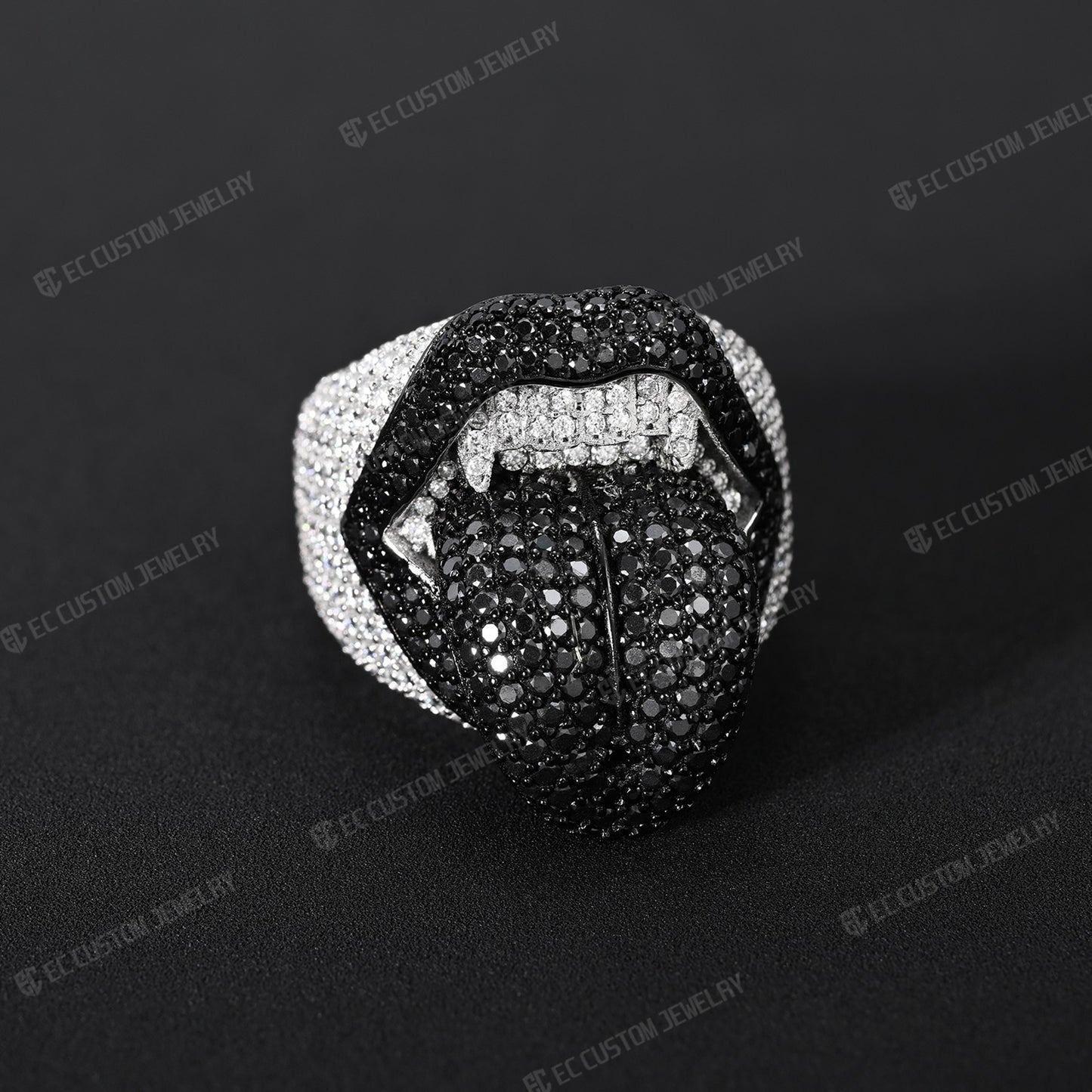 Iced Out Vampire Ring Hip Hop Tongue Ring Moissanite CZ 925 Silver