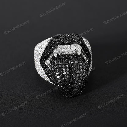 Iced Out Vampire Ring Hip Hop Tongue Ring Moissanite CZ 925 Silver