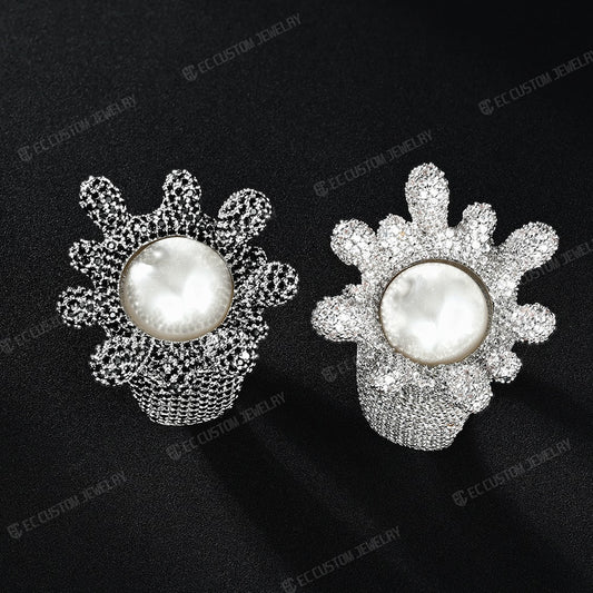 Iced out Drip Sterling 925 Silver Floral Pearl Ring Hip Hop Accessories 