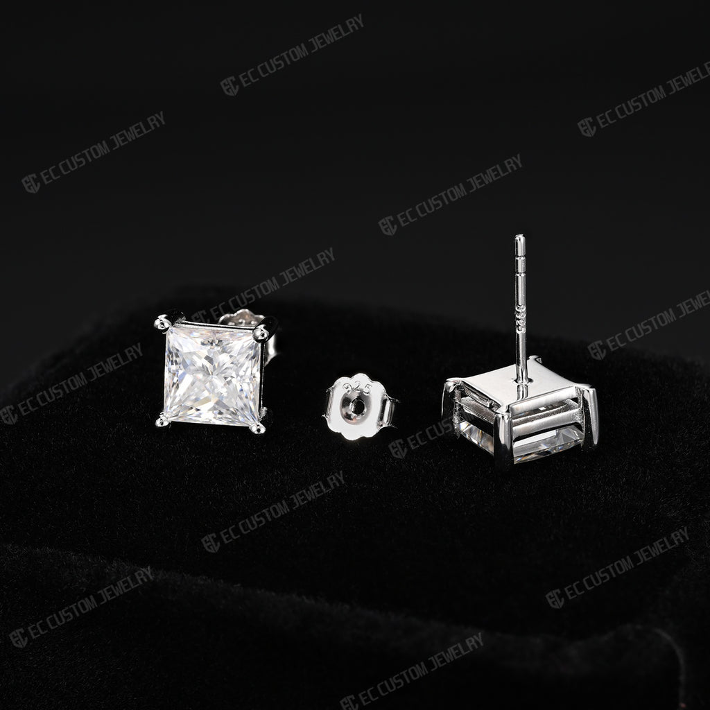 Princess Cut Moissanite Stud Earrings  S925 Silver Iced Out Hip Hop Jewelr  Rapper Accessories 3