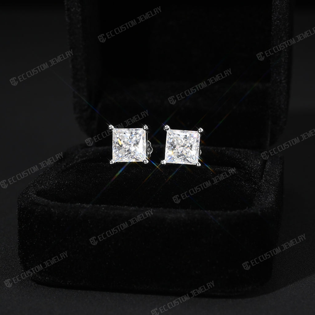 Princess Cut Moissanite Stud Earrings  S925 Silver Iced Out Hip Hop Jewelr  Rapper Accessories 4
