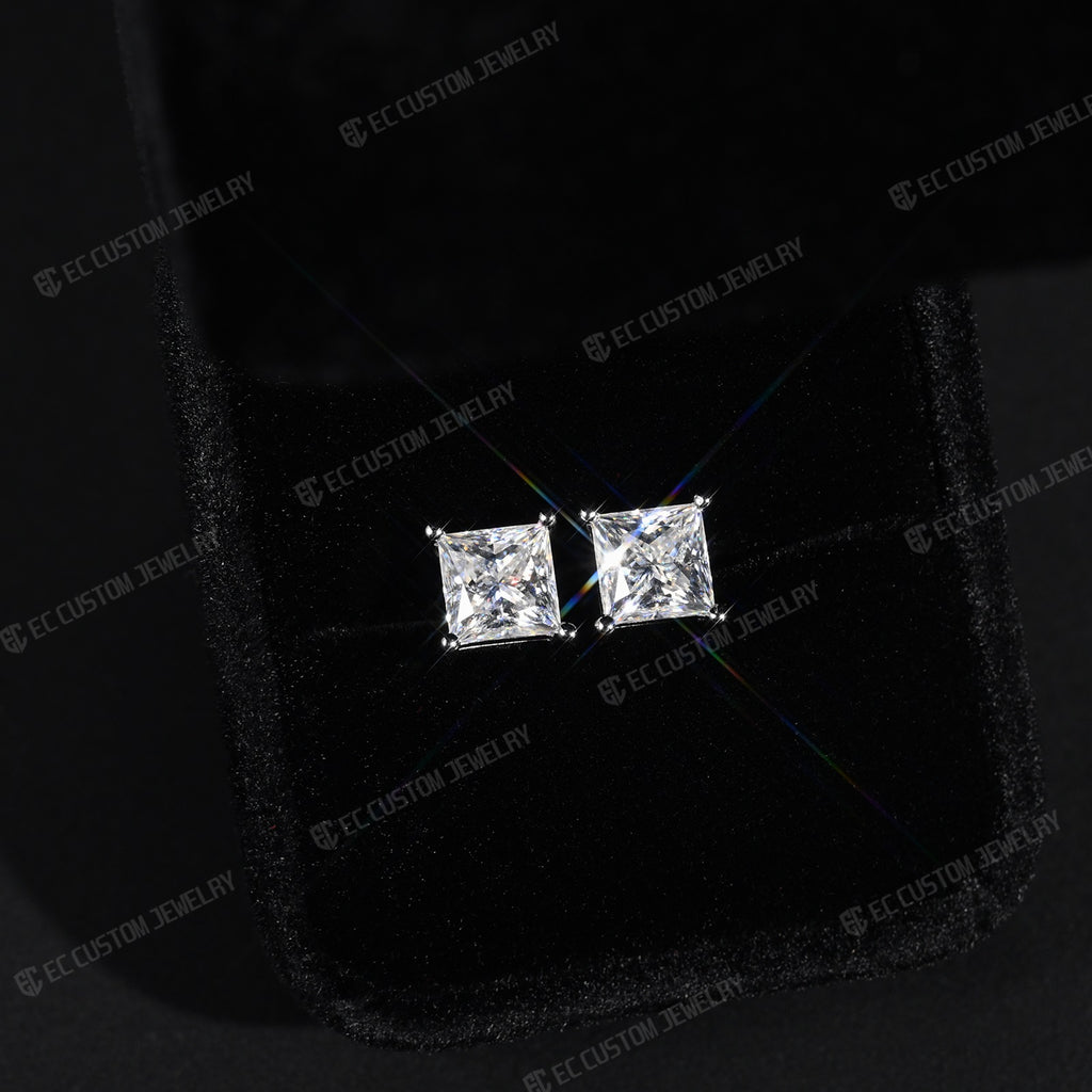 Princess Cut Moissanite Stud Earrings  S925 Silver Iced Out Hip Hop Jewelr  Rapper Accessories 5