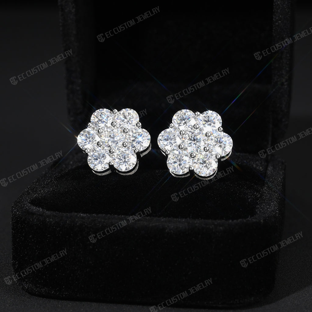 S925 Round Cut Cluster Ear Stud Flower Earrings Iced Out Hip Hop Jewelry 1