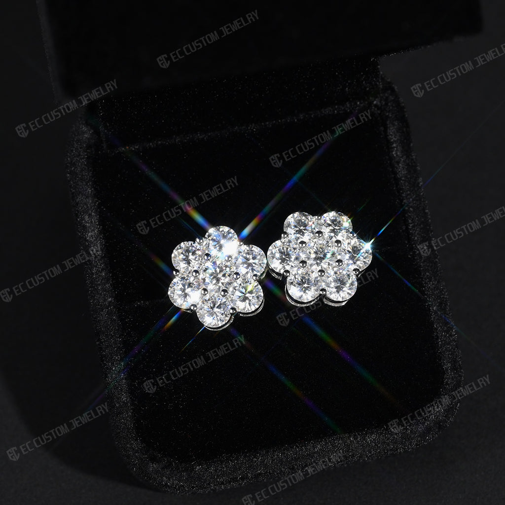 S925 Round Cut Cluster Ear Stud Flower Earrings Iced Out Hip Hop Jewelry 2