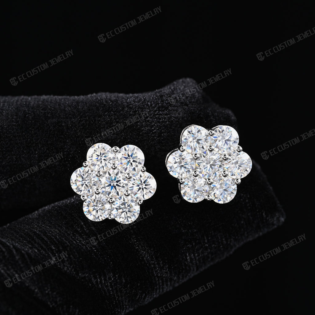 S925 Round Cut Cluster Ear Stud Flower Earrings Iced Out Hip Hop 3Jewelry 3