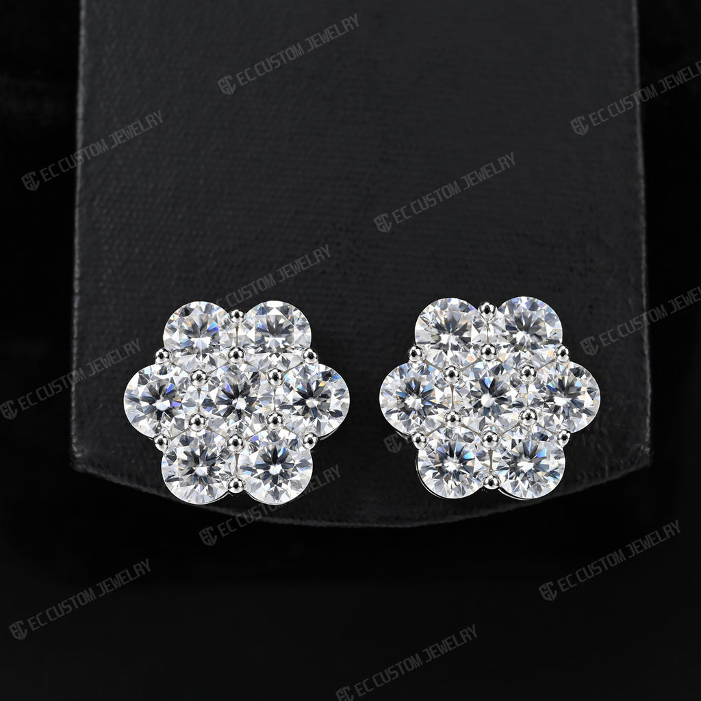 S925 Round Cut Cluster Ear Stud Flower Earrings Iced Out Hip Hop Jewelry 5