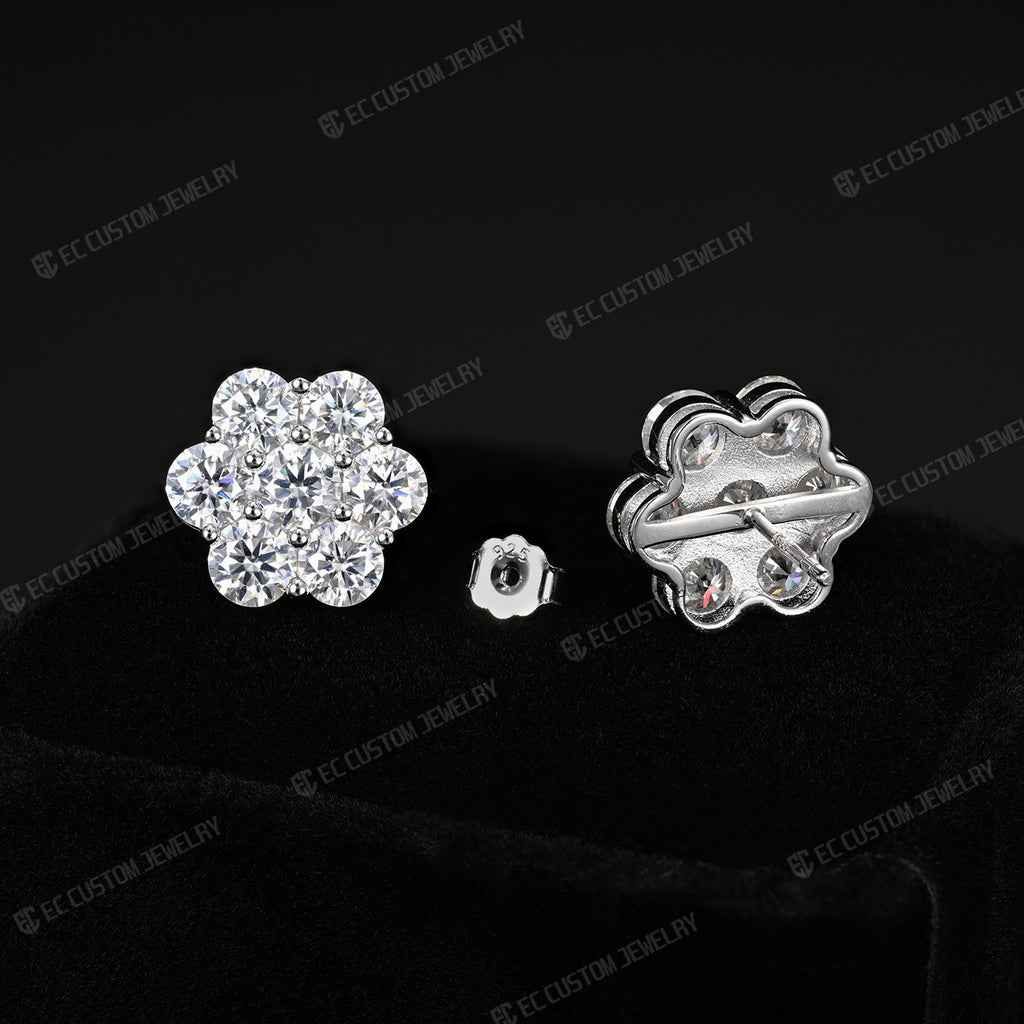 S925 Round Cut Cluster Ear Stud Flower Earrings Iced Out Hip Hop Jewelry 6