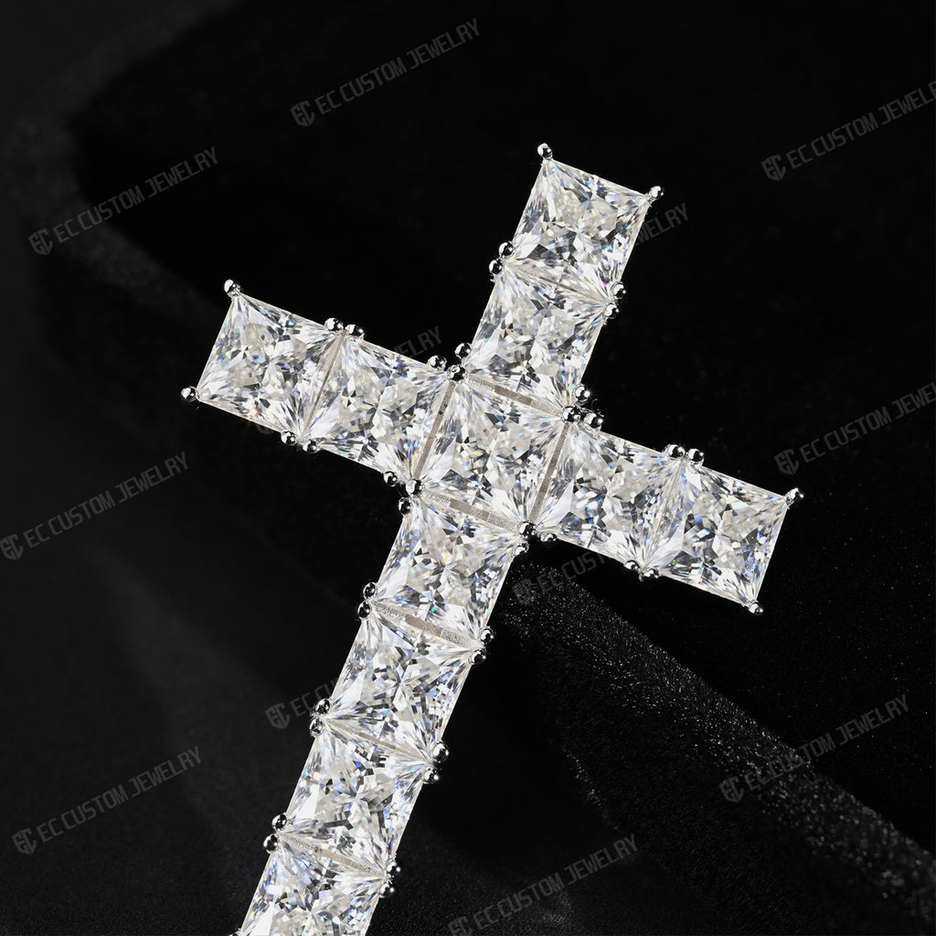 Sparkling Princess Cut Cross Iced Out Square Diamond Cross Pendant