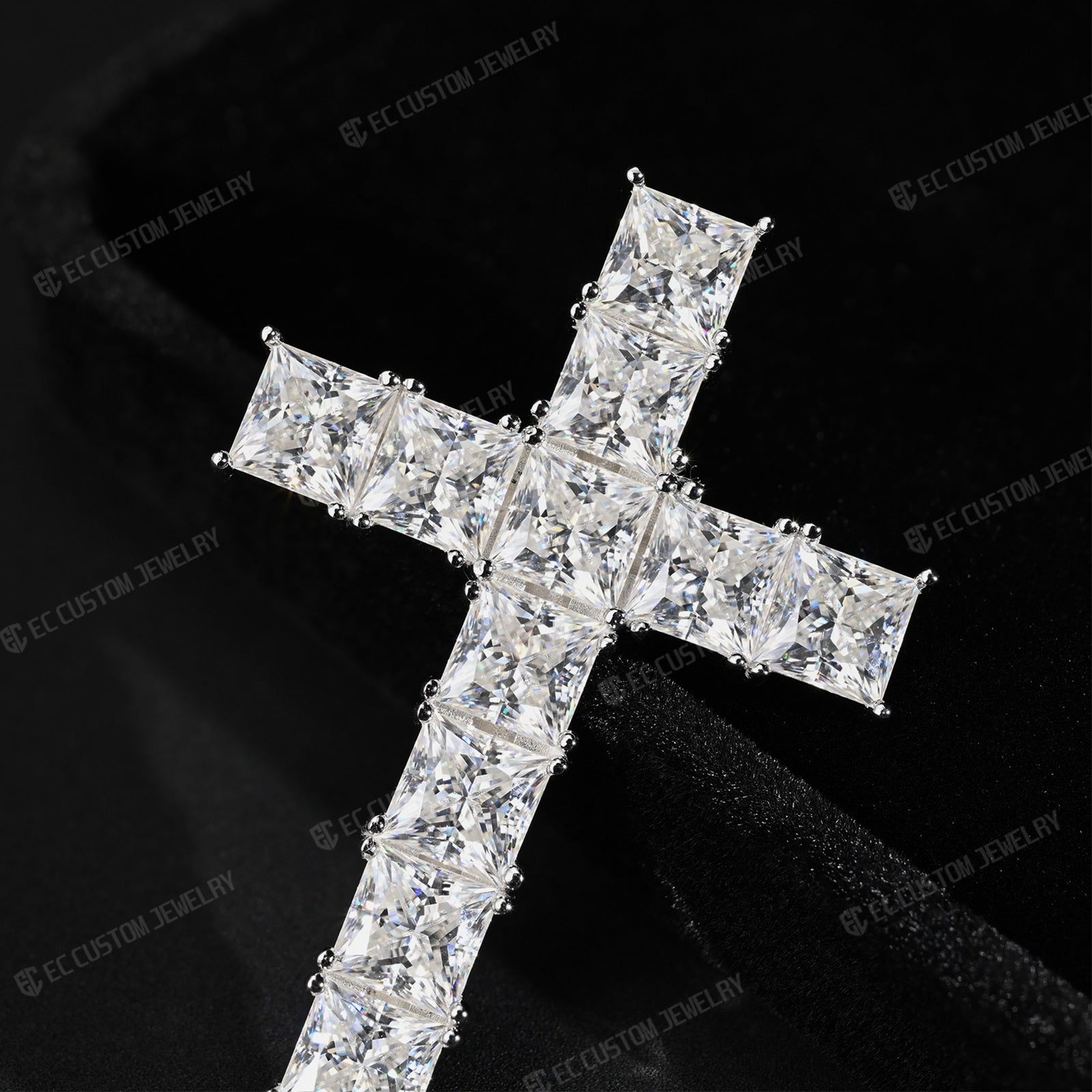 Sparkling Princess Cut Cross Iced Out Square Diamond Cross Pendant