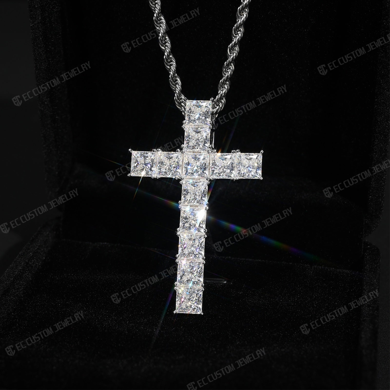 Sparkling Princess Cut Cross Iced Out Square Diamond Cross Pendant