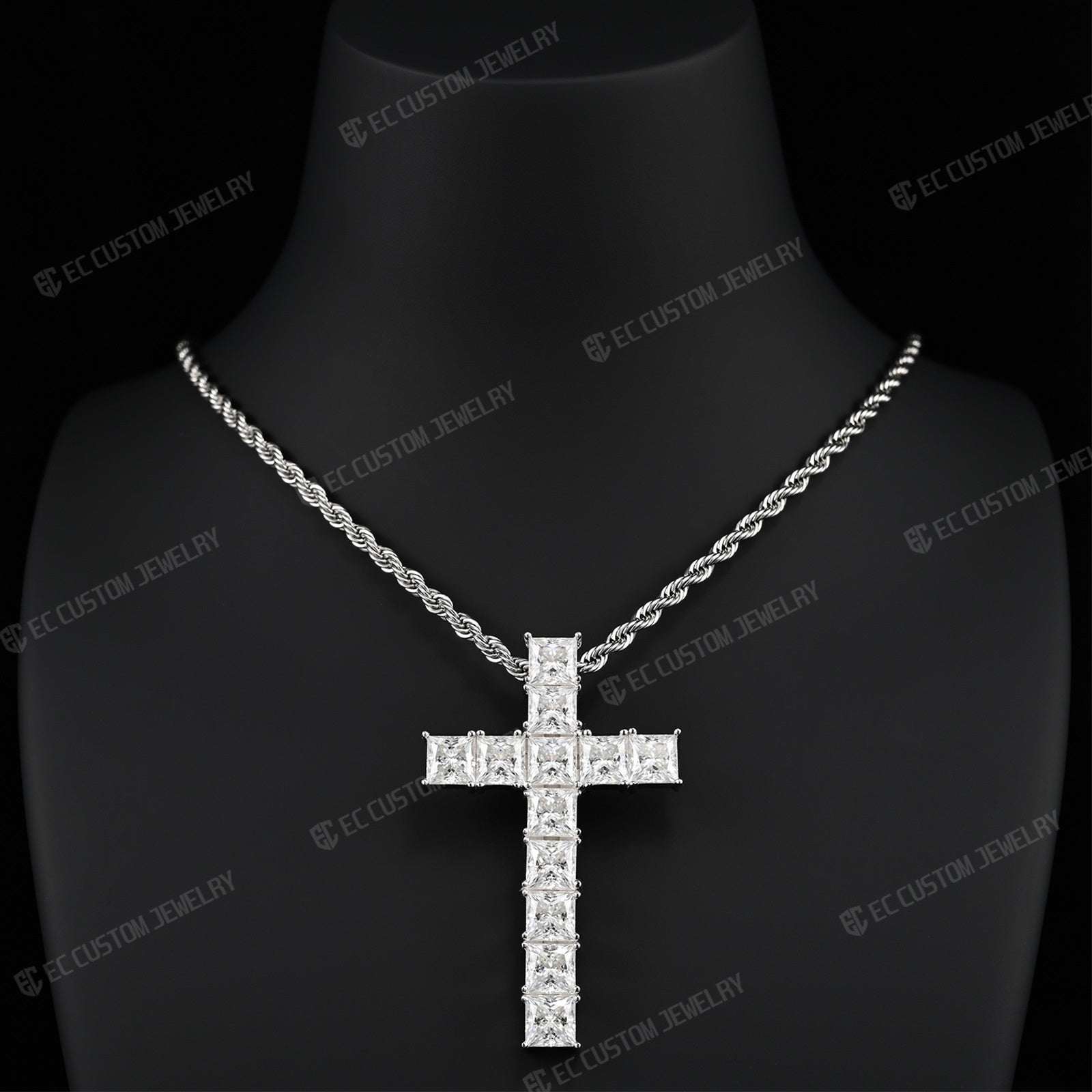 Sparkling Princess Cut Cross Iced Out Square Diamond Cross Pendant