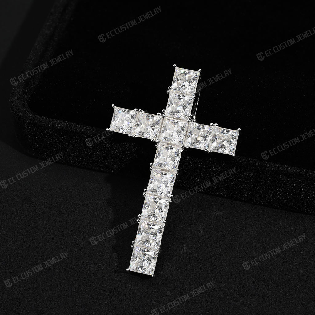 Sparkling Princess Cut Cross Iced Out Square Diamond Cross Pendant
