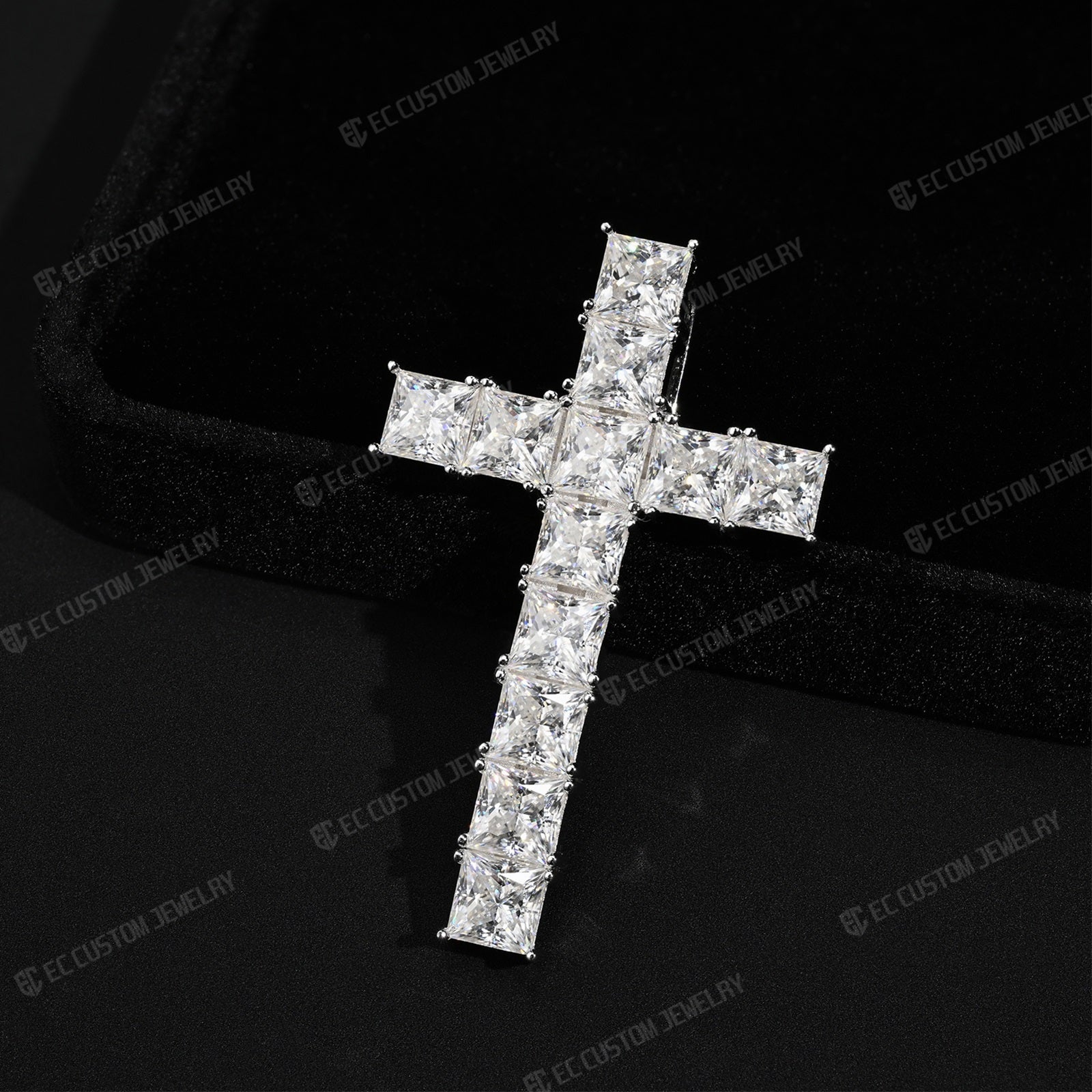 Sparkling Princess Cut Cross Iced Out Square Diamond Cross Pendant