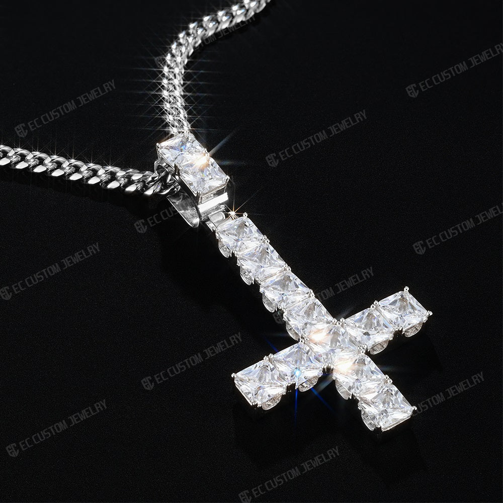 Men's Hip Hop Upside Down Cross Square Moissanite Icy Pendant Sterling 925 Silver