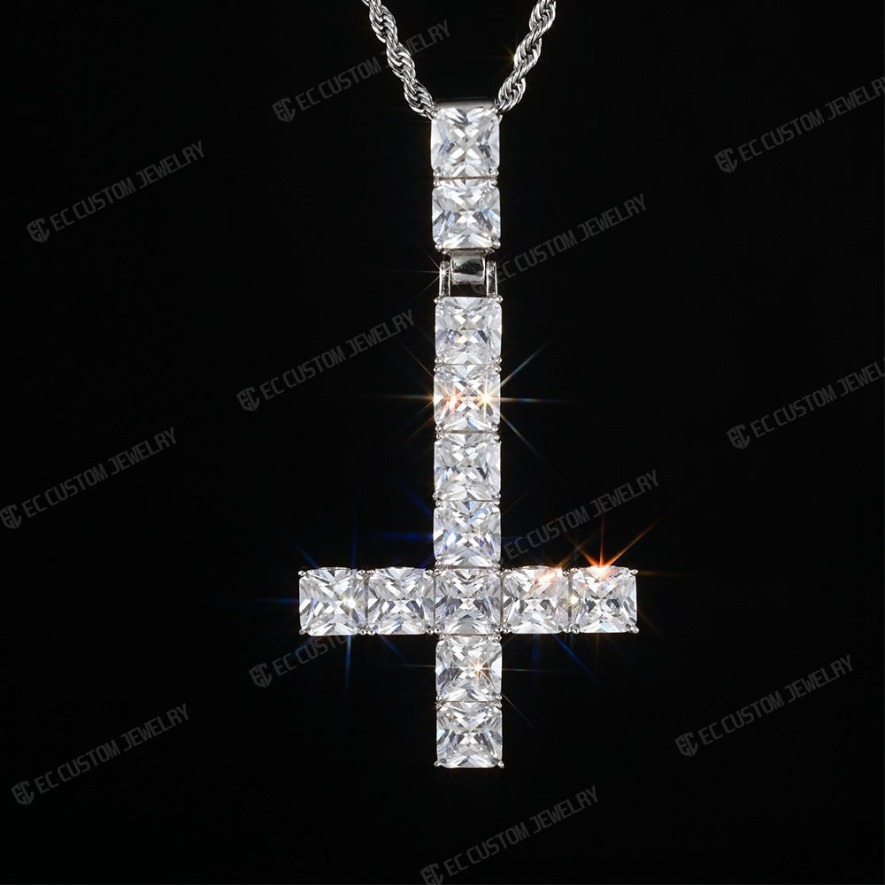 Men's Hip Hop Upside Down Cross Square Moissanite Icy Pendant Sterling 925 Silver