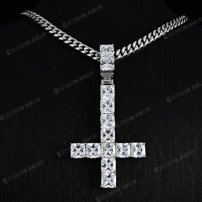 ICED OUT UPSIDE DOWN CROSS SQUARE MOISSANITE PENDANT HIP HOP