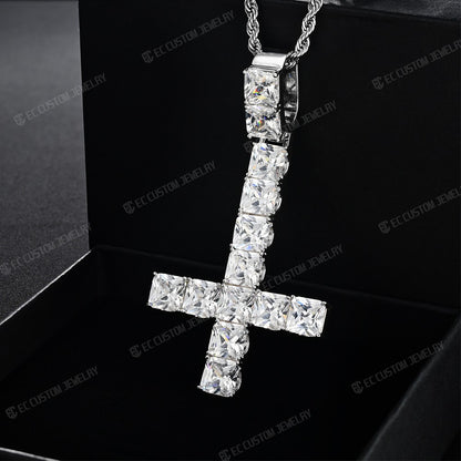 ICED OUT UPSIDE DOWN CROSS SQUARE MOISSANITE PENDANT HIP HOP