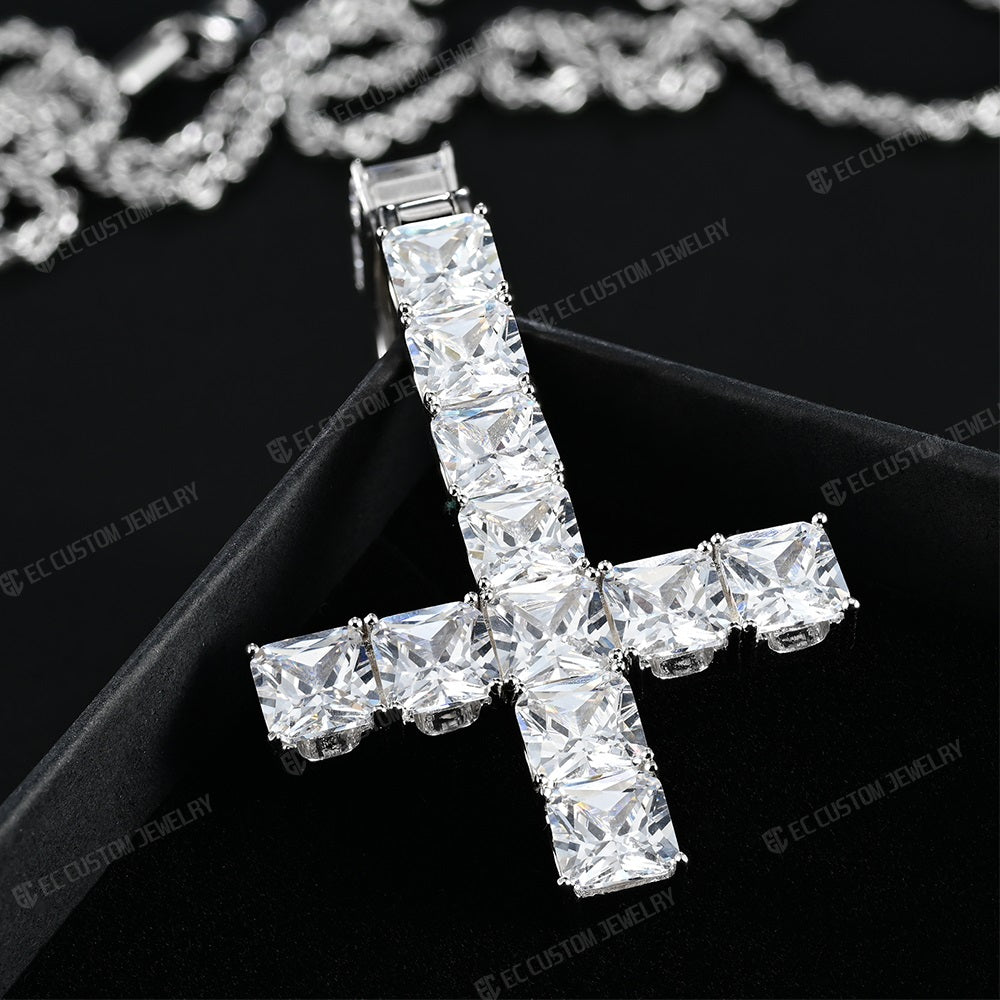 Men's Hip Hop Upside Down Cross Square Moissanite Icy Pendant Sterling 925 Silver