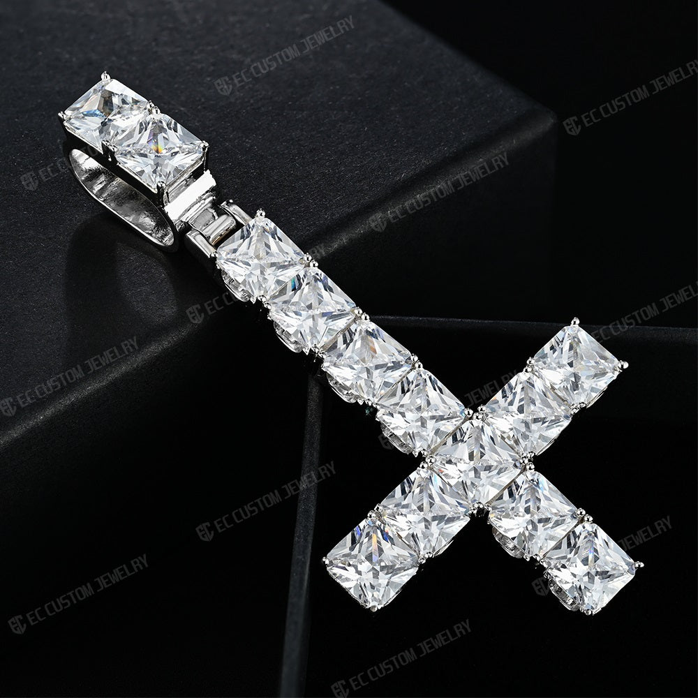 Men's Hip Hop Upside Down Cross Square Moissanite Icy Pendant Sterling 925 Silver