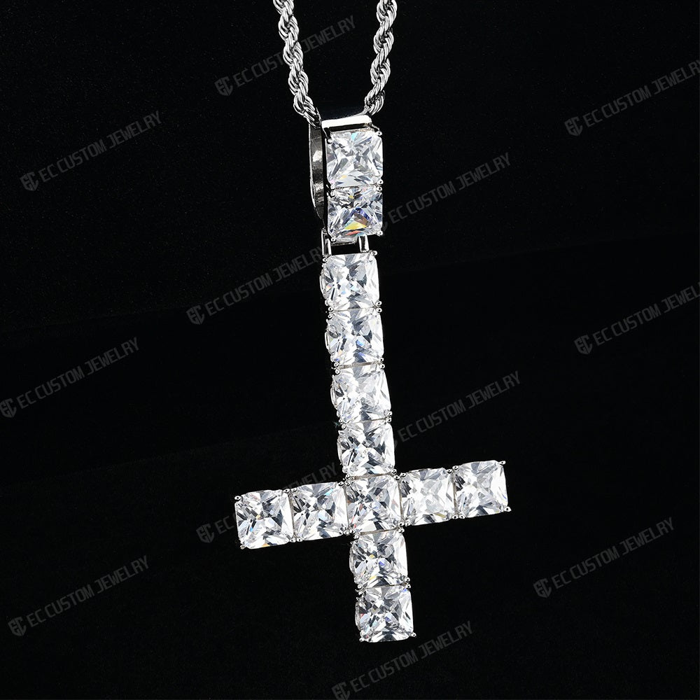 Men's Hip Hop Upside Down Cross Square Moissanite Icy Pendant Sterling 925 Silver