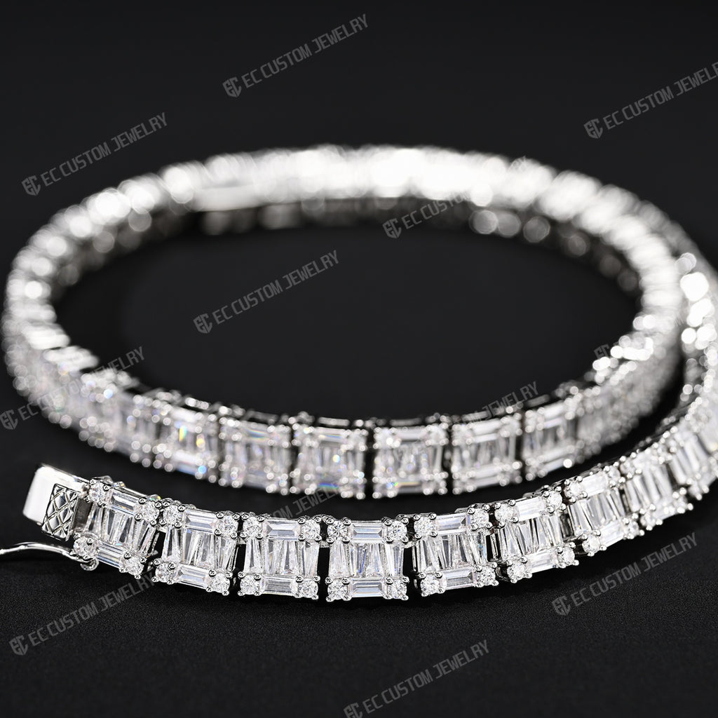 Tennis Baguette Diamond Chain VVS Iced Out Moissanite 14k 18k White Gold