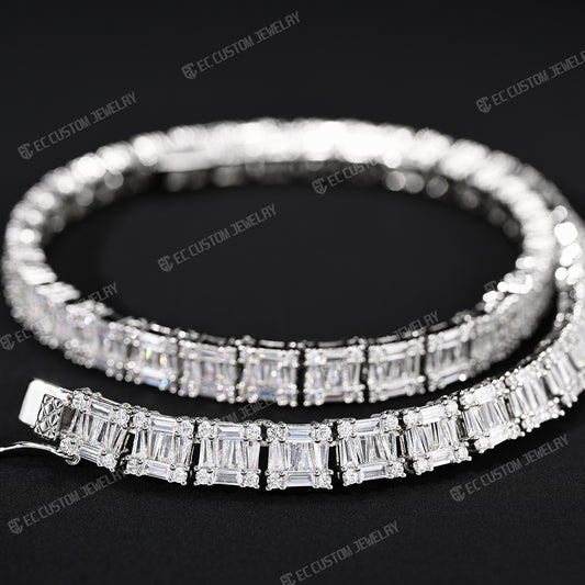 Tennis Baguette Diamond Chain VVS Iced Out Moissanite 14k 18k White Gold