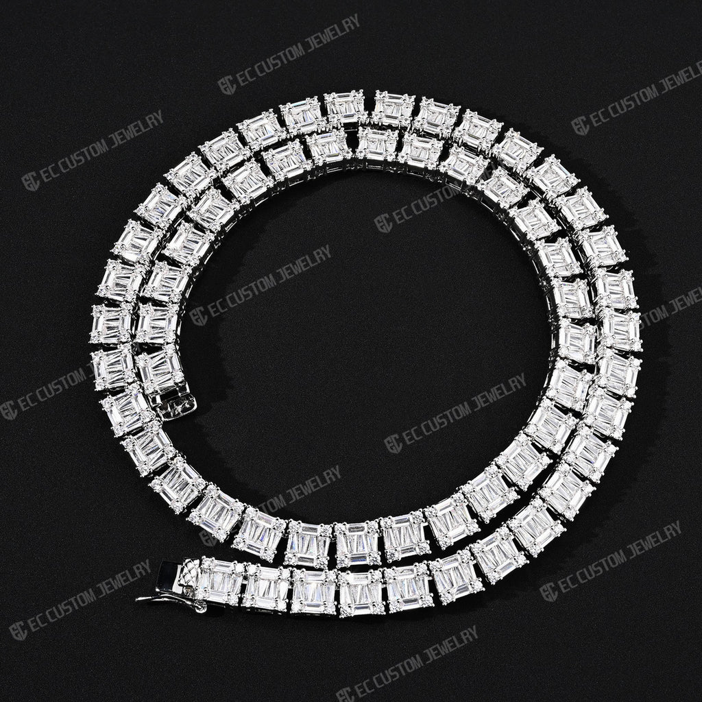 Tennis Baguette Diamond Chain VVS Iced Out Moissanite 14k 18k White Gold 