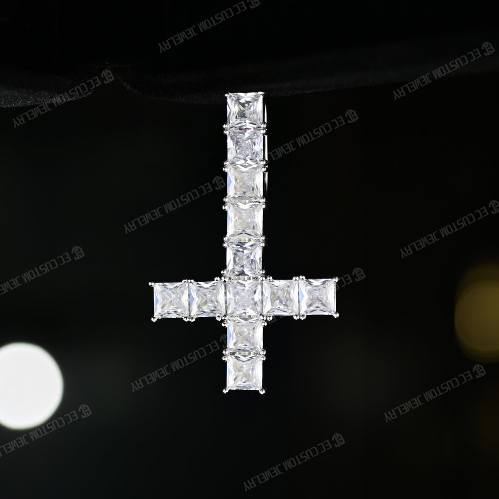 Sparkling Iced Out Square Diamond Upside Down Cross Pendant