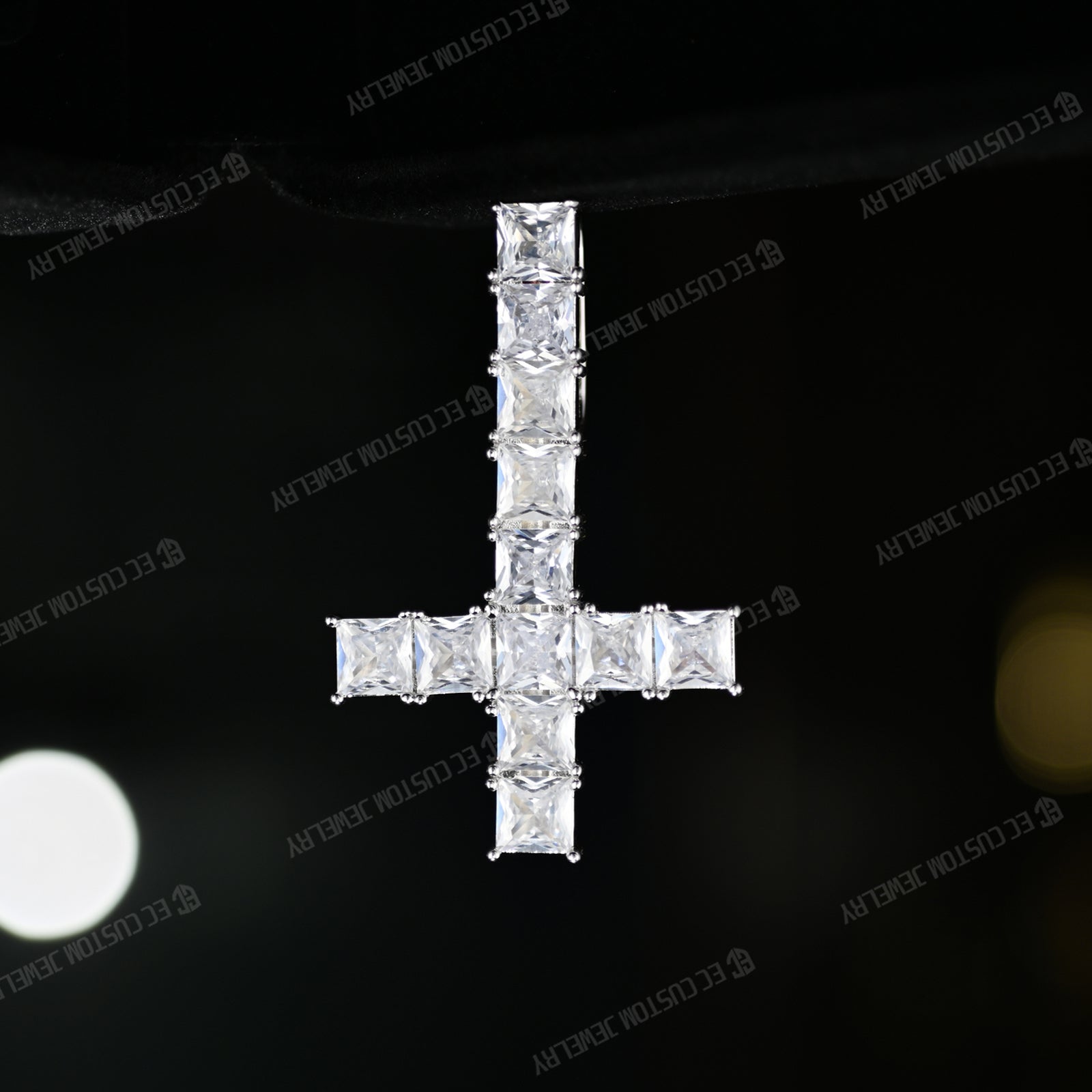 Sparkling Iced Out Square Diamond Upside Down Cross Pendant