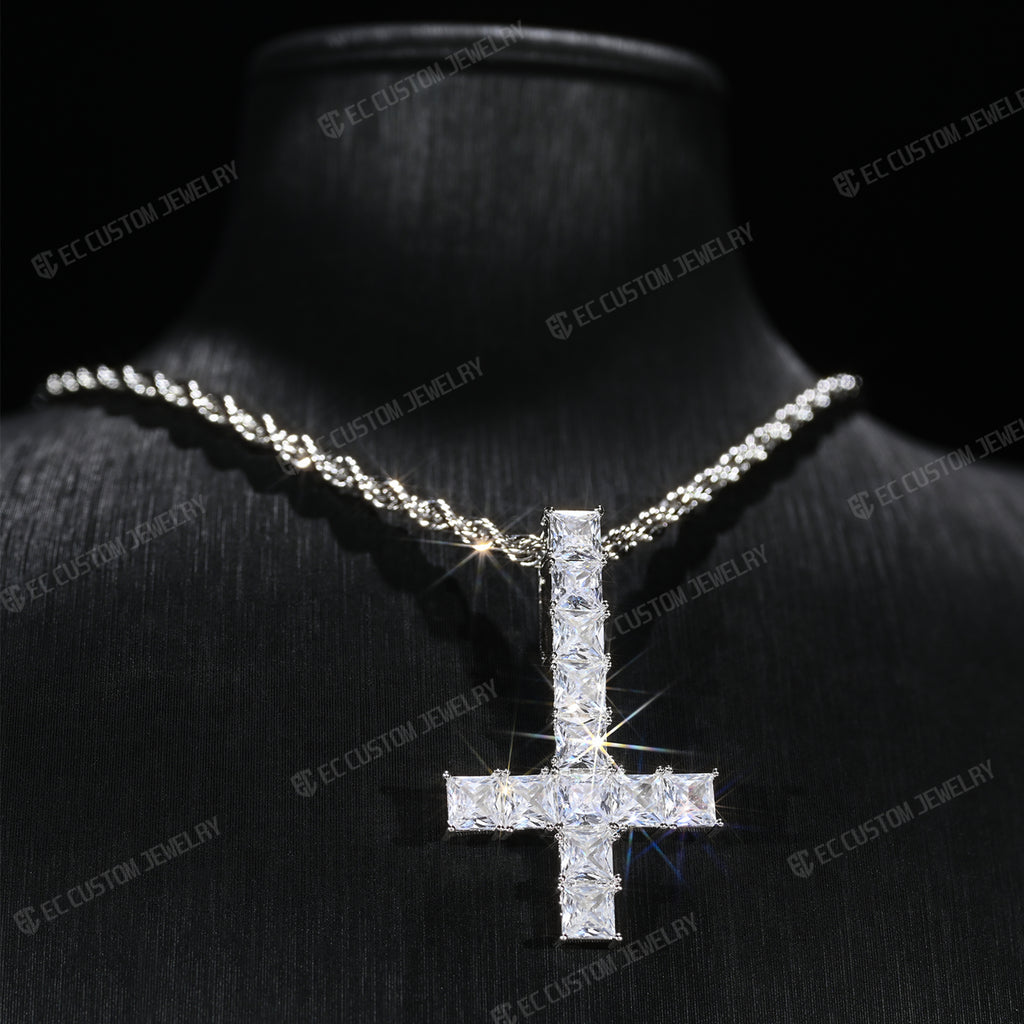UPSIDE DOWN CROSS SQUARE MOISSANITE PENDANT HIP HOP 5