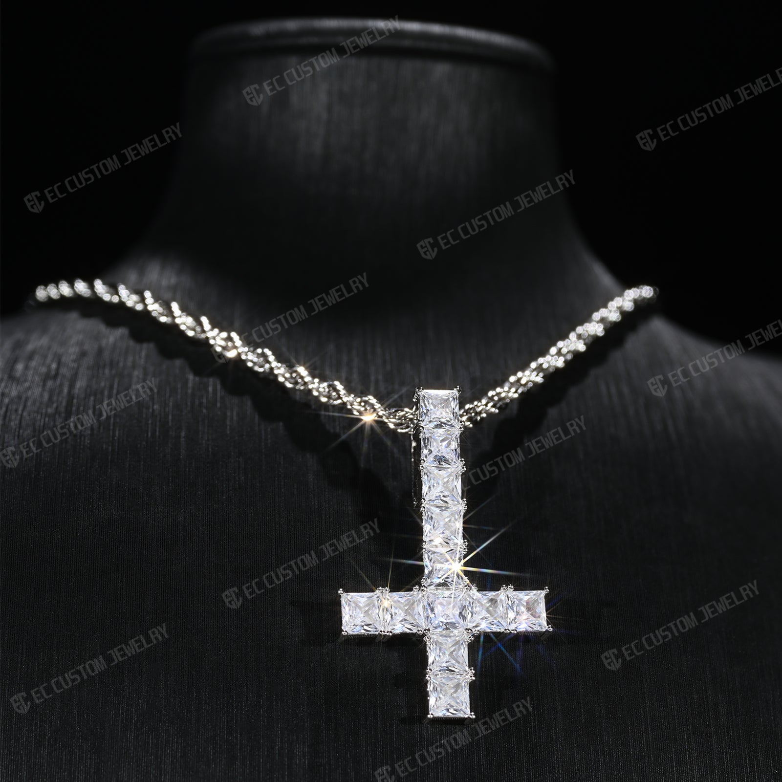 UPSIDE DOWN CROSS SQUARE MOISSANITE PENDANT HIP HOP 5