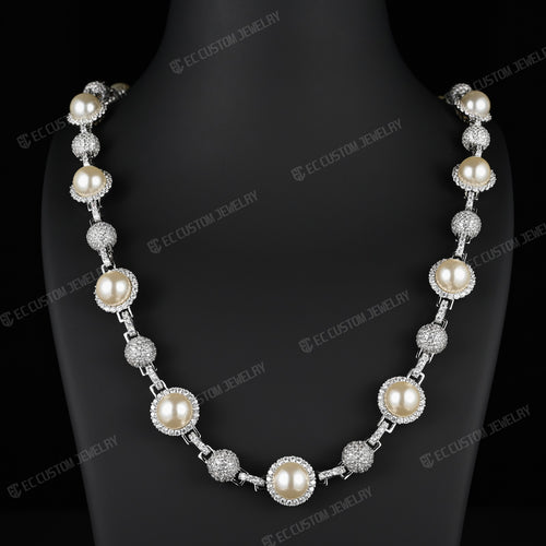 Utopia Fully Iced Out White Pearl Beaded Necklace Chain White Gold Link For Men Hip Hop Jewelry