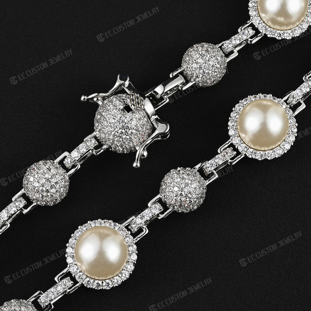 15MM Fully Iced Out White Pearl Moissanite Beaded Necklace Chain