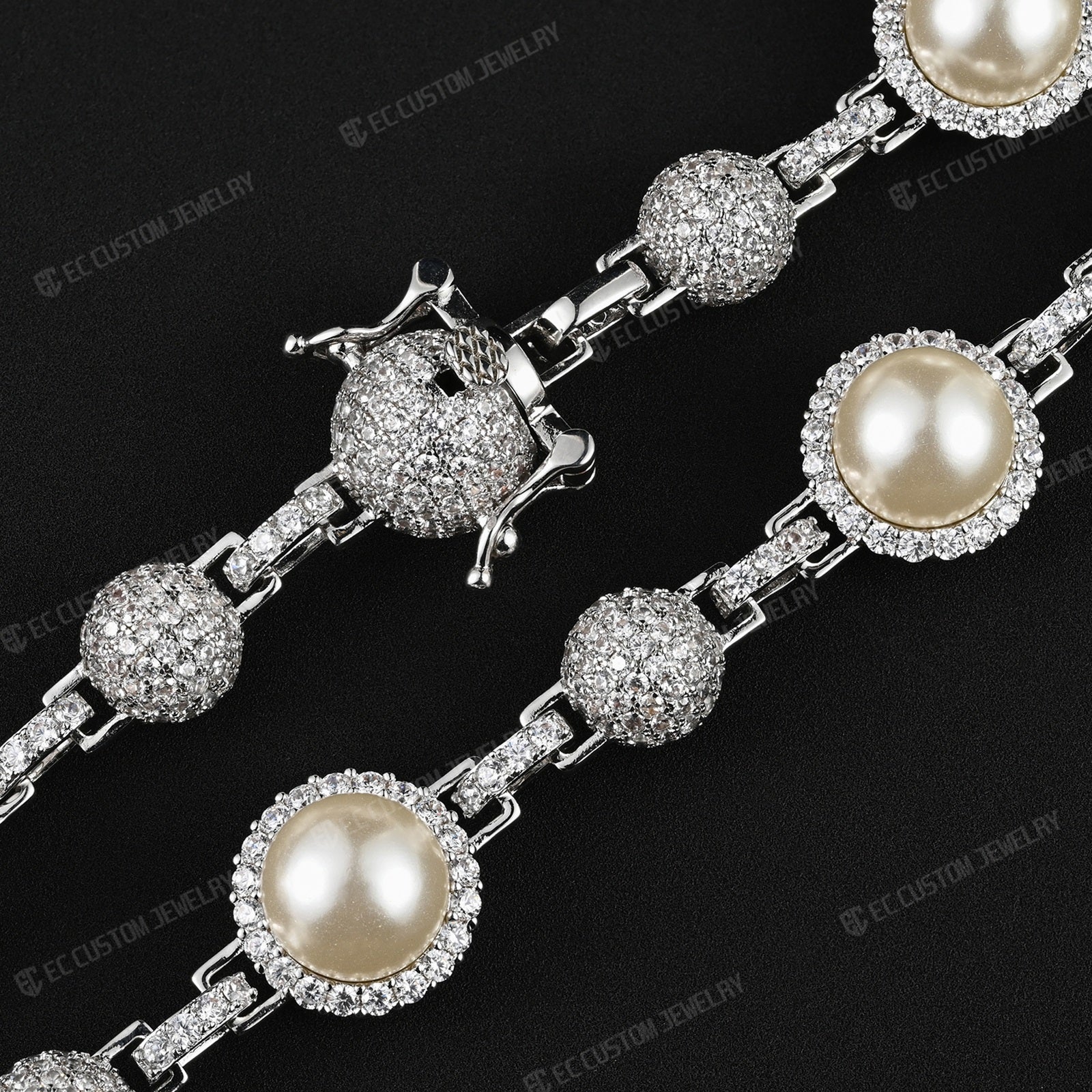 15MM Fully Iced Out White Pearl Moissanite Beaded Necklace Chain