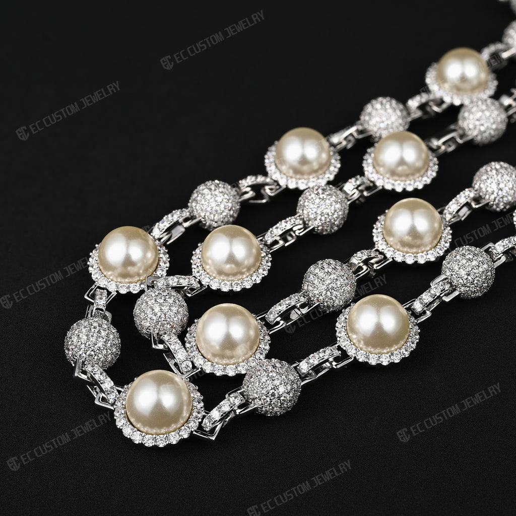 15MM Fully Iced Out White Pearl Moissanite Beaded Necklace Chain