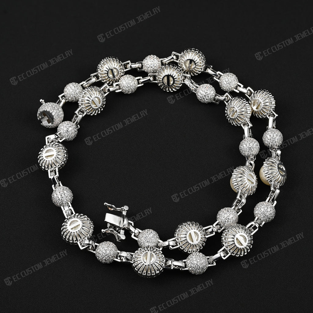 15MM Fully Iced Out White Pearl Moissanite Beaded Necklace Chain