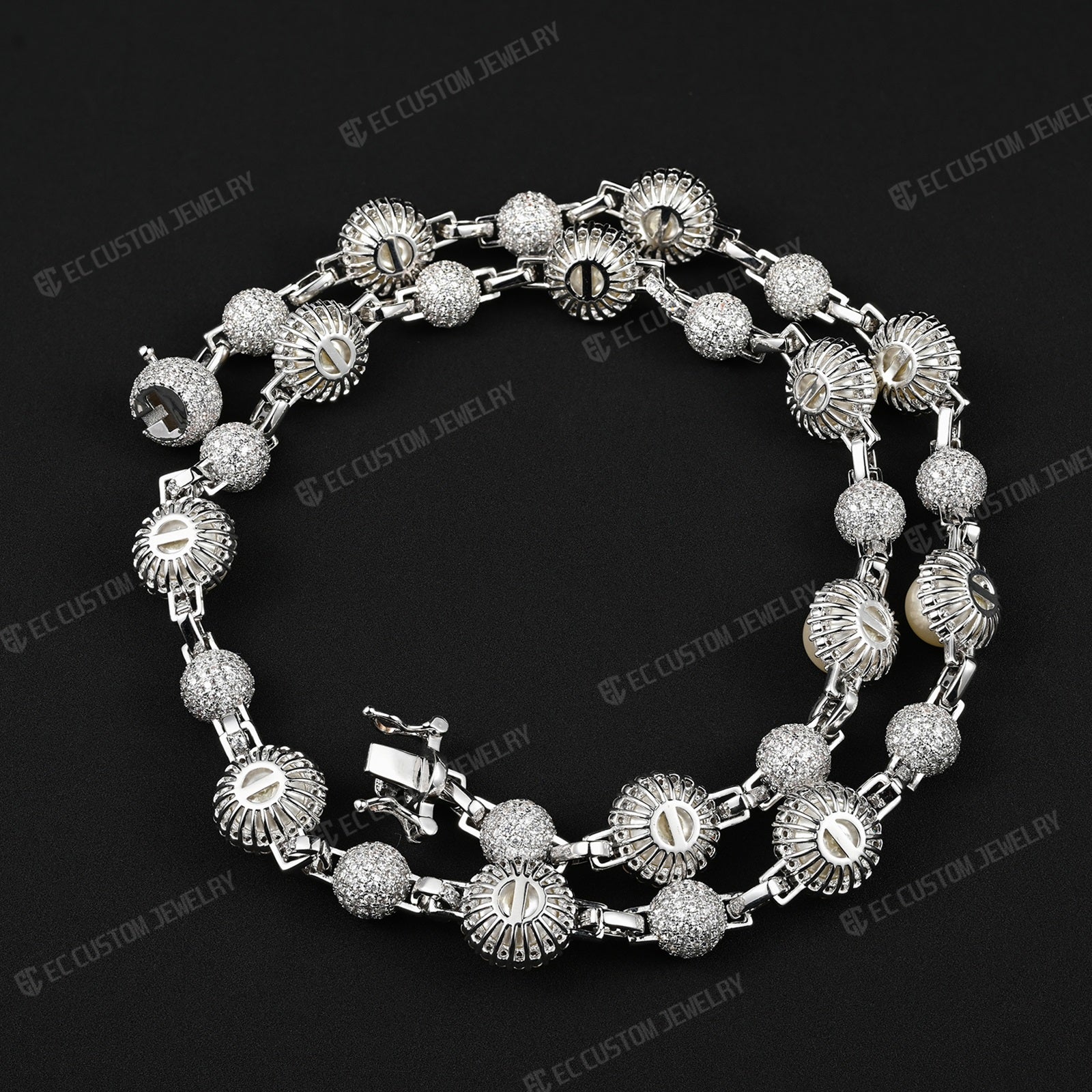 15MM Fully Iced Out White Pearl Moissanite Beaded Necklace Chain