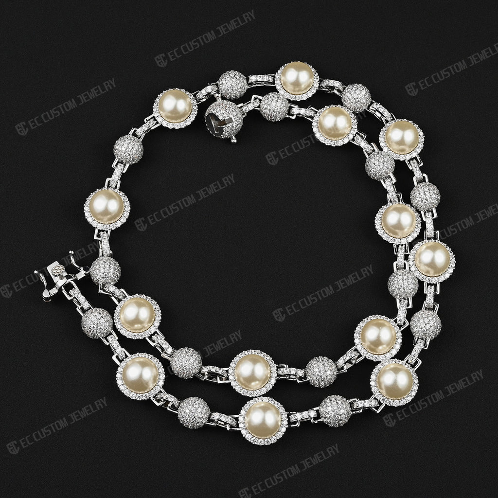 15MM Fully Iced Out White Pearl Moissanite Beaded Necklace Chain